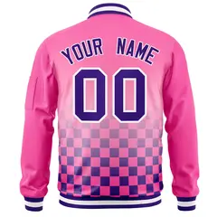Pink Purple-White Grid Color Block Letterman Bomber Jacket 4