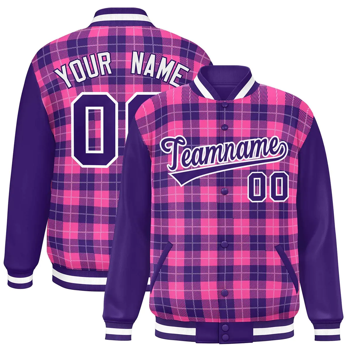 Pink Purple-White Plaid Varsity Letterman Baseball Jacket
