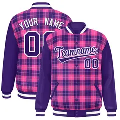 Pink Purple-White Plaid Varsity Letterman Baseball Jacket 1