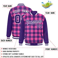 Pink Purple-White Plaid Varsity Letterman Baseball Jacket 2