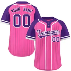 Pink Purple-White Stripe Raglan Two-Button Softball Jersey 1