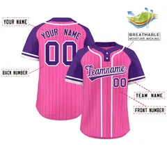 Pink Purple-White Stripe Raglan Two-Button Softball Jersey 2