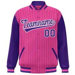 Pink Purple-White Stripe Varsity Bomber Jacket with Raglan Sleeves 3