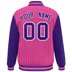 Pink Purple-White Stripe Varsity Bomber Jacket with Raglan Sleeves 4