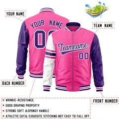 Pink Purple-White Varsity Full-Zip Raglan Stripe Letterman Bomber Jacket 2