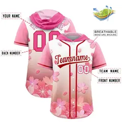 Pink Red Cherry Blossoms Raglan Hooded Baseball Jersey 2
