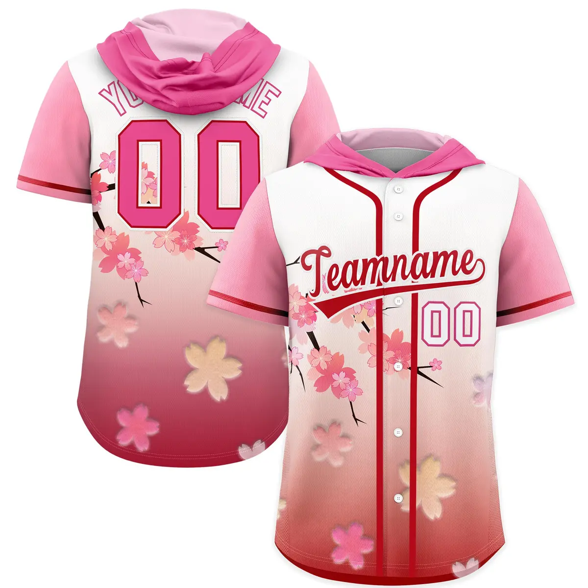 Pink Red Cherry Blossoms Raglan Hooded Baseball Jersey