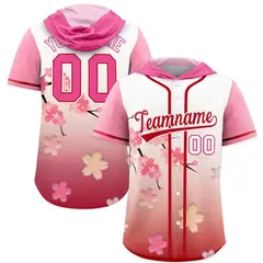 Pink Red Cherry Blossoms Raglan Hooded Baseball Jersey