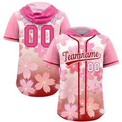 Pink Red Cherry Blossoms Raglan Hooded Baseball Jersey