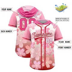 Pink Red Cherry Blossoms Raglan Hooded Baseball Jersey 2