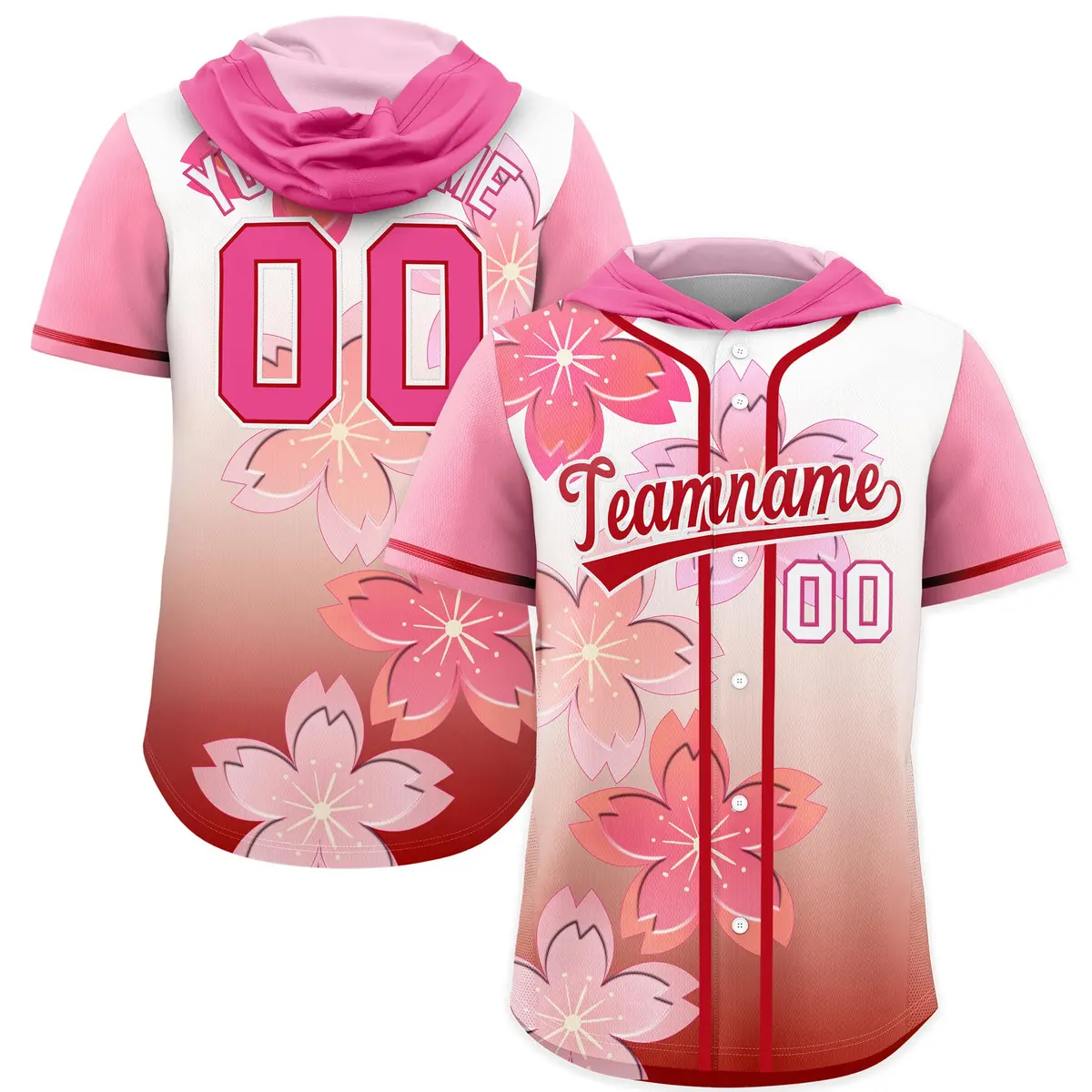 Pink Red Cherry Blossoms Raglan Hooded Baseball Jersey