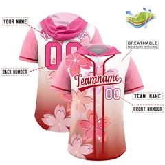Pink Red Cherry Blossoms Raglan Hooded Baseball Jersey 2