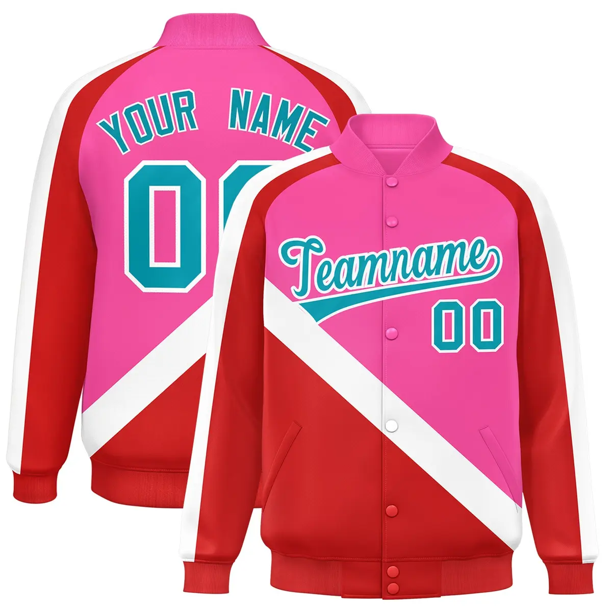 Pink Red Raglan Varsity Full-Snap Letterman Baseball Jacket