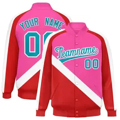 Pink Red Raglan Varsity Full-Snap Letterman Baseball Jacket 1