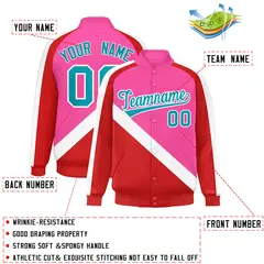 Pink Red Raglan Varsity Full-Snap Letterman Baseball Jacket 2