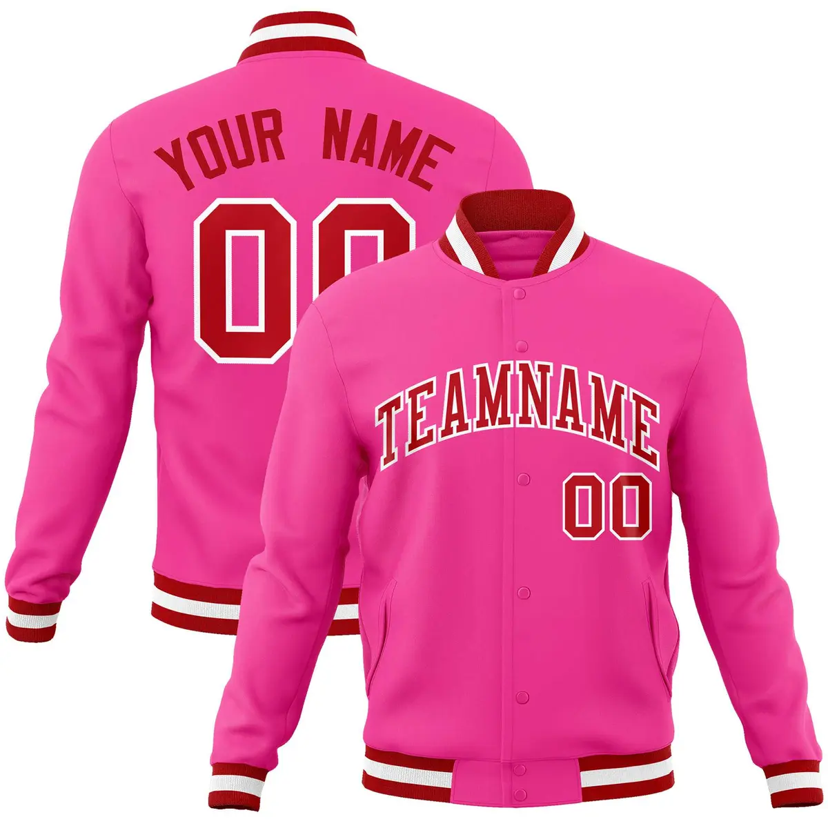 Pink Red White Full-Snap Varsity Letterman Jacket