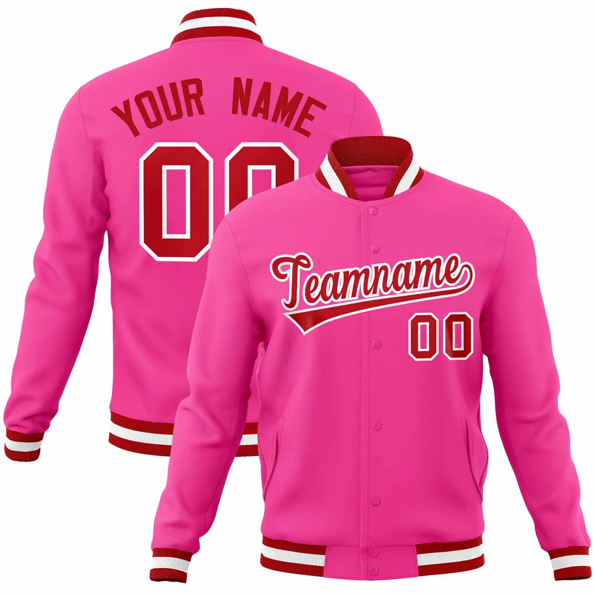 Pink Red White Full-Snap Varsity Letterman Jacket