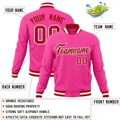 Pink Red White Full-Snap Varsity Letterman Jacket 4