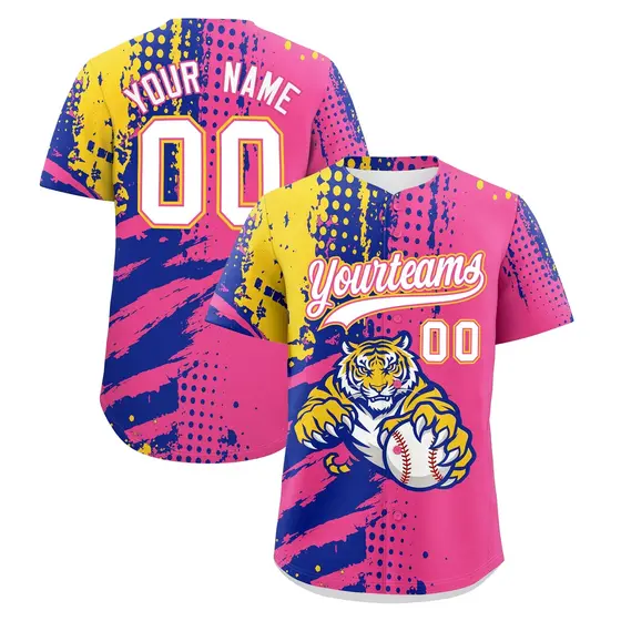 Pink Royal Blue Gold Full-Snap Tiger Graffiti Baseball Jersey
