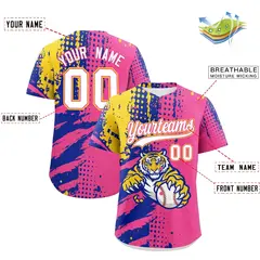 Pink Royal Blue Gold Full-Snap Tiger Graffiti Baseball Jersey 2