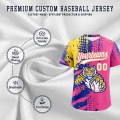 Pink Royal Blue Gold Full-Snap Tiger Graffiti Baseball Jersey 3