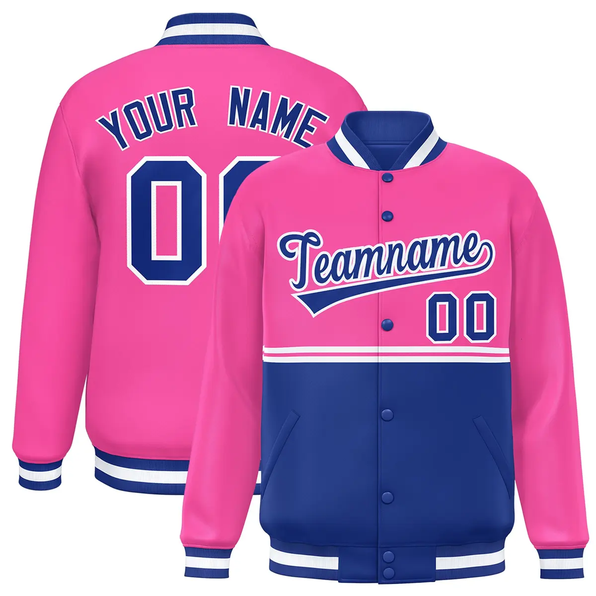 Pink Royal Color Block Varsity Full-Snap Letterman Jacket