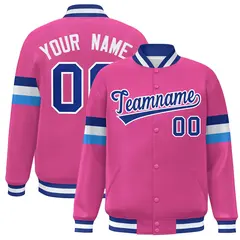 Pink Royal-White Color Block Varsity Full-Snap Baseball Jacket 1
