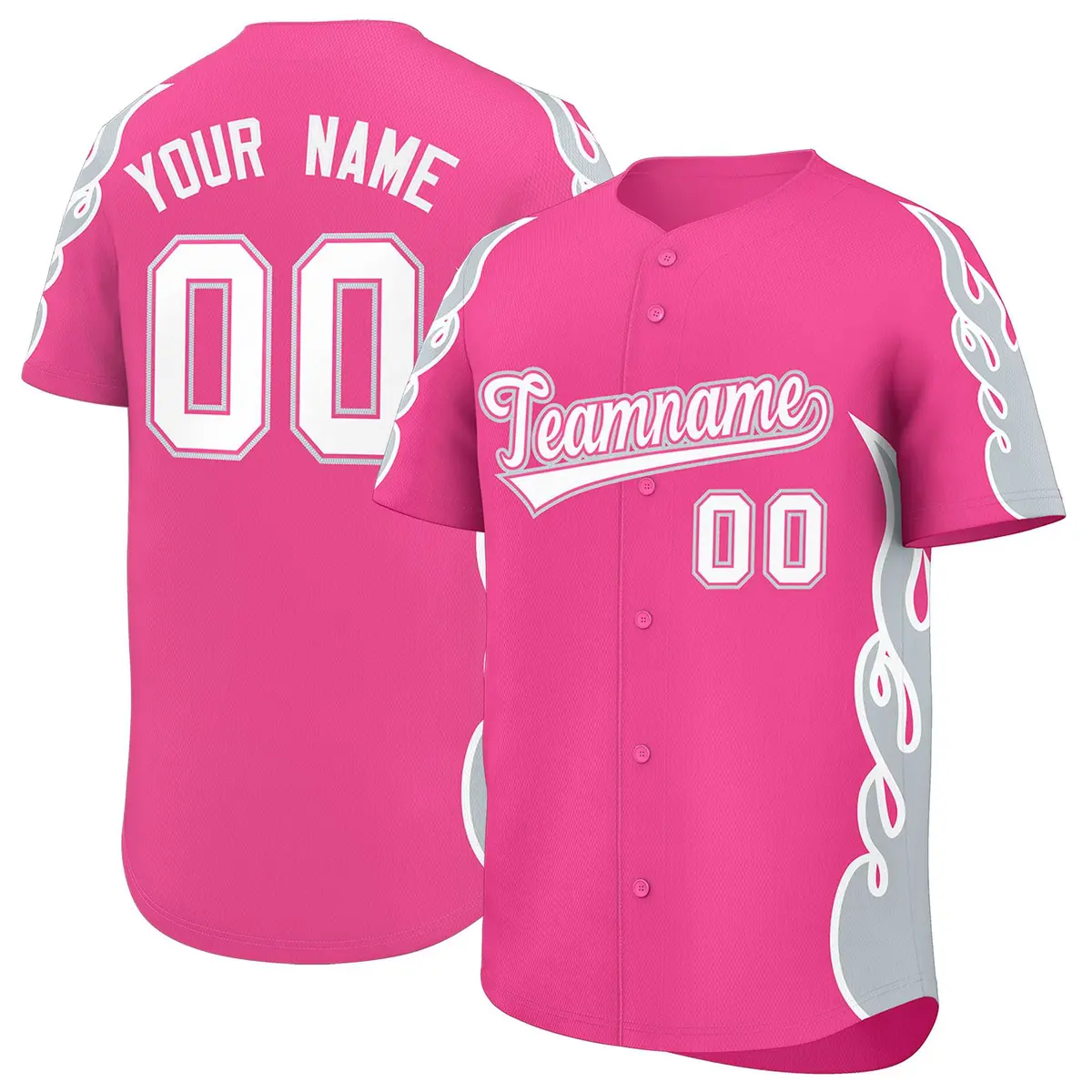 Pink Silver Flame Outline Side Pattern Baseball Jersey