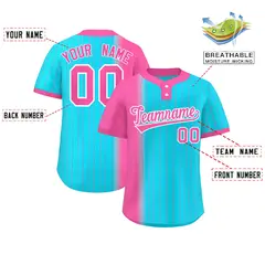 Pink Sky Blue Gradient Stripe Two-Button Softball Jersey 2