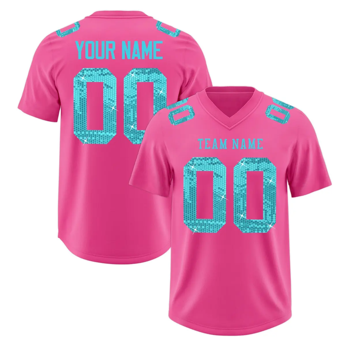 Pink Sky Blue Sequin Lettering Football Jersey