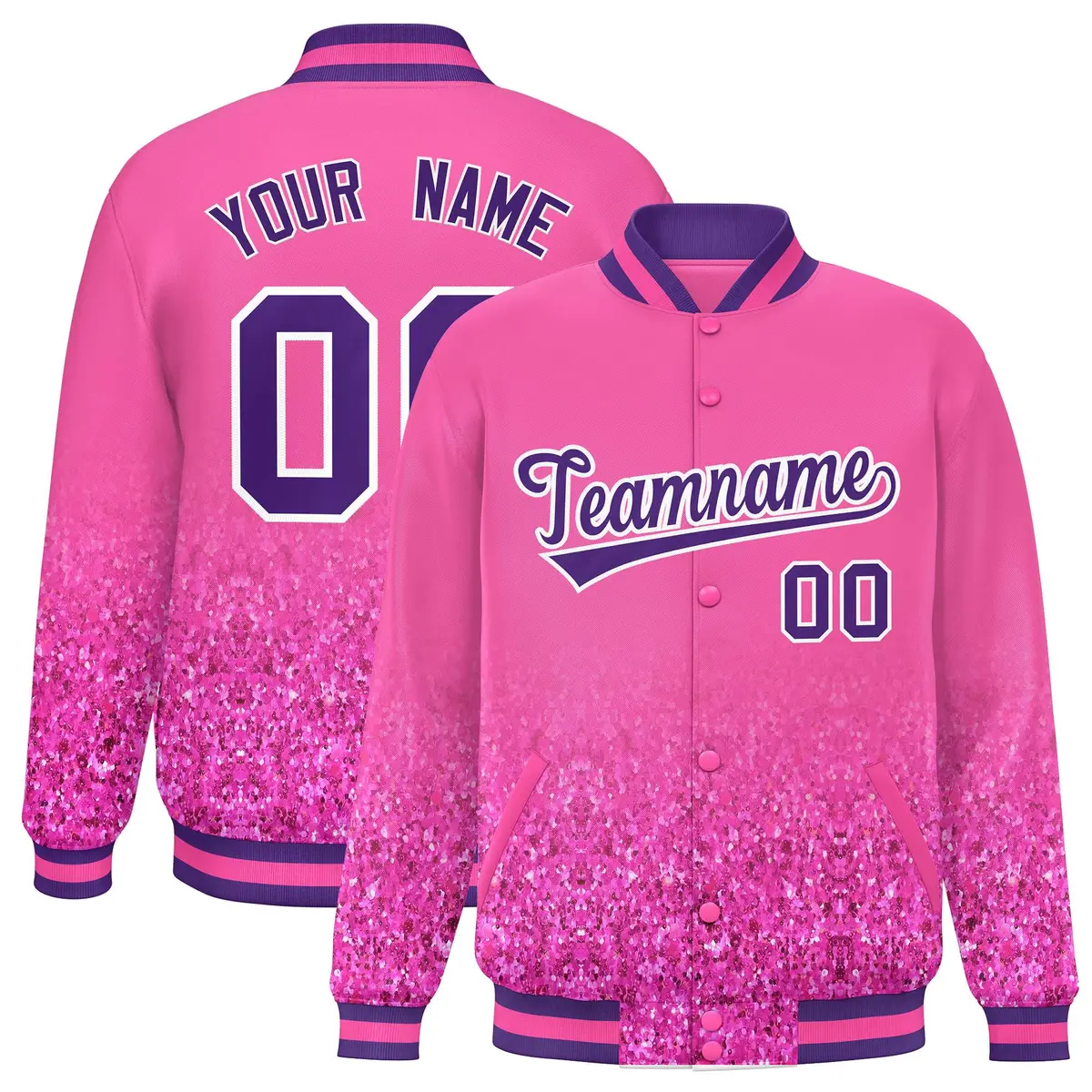 Pink Sparkle-Effect Varsity Full-Snap Letterman Baseball Jacket