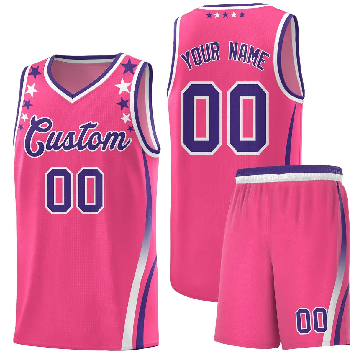 Pink Star Pattern Color Block Shoulders Basketball Jersey