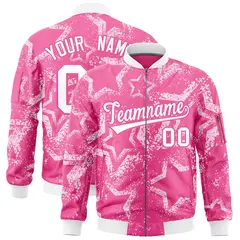Pink Star Pattern Varsity Full-Zip Letterman Bomber Jacket