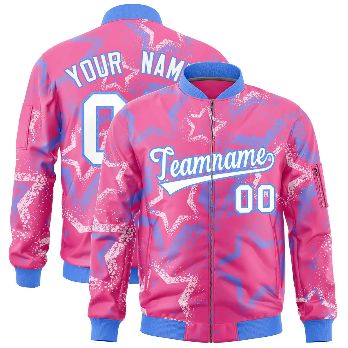 Pink Star Pattern Varsity Full-Zip Letterman Bomber Jacket