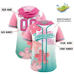 Pink Teal Cherry Blossoms Raglan Hooded Baseball Jersey 2