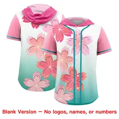 Pink Teal Cherry Blossoms Raglan Hooded Baseball Jersey 7