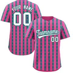 Pink Teal Thick Striped Star Pattern Baseball Jersey 1