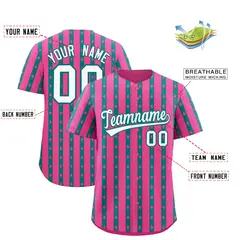 Pink Teal Thick Striped Star Pattern Baseball Jersey 2