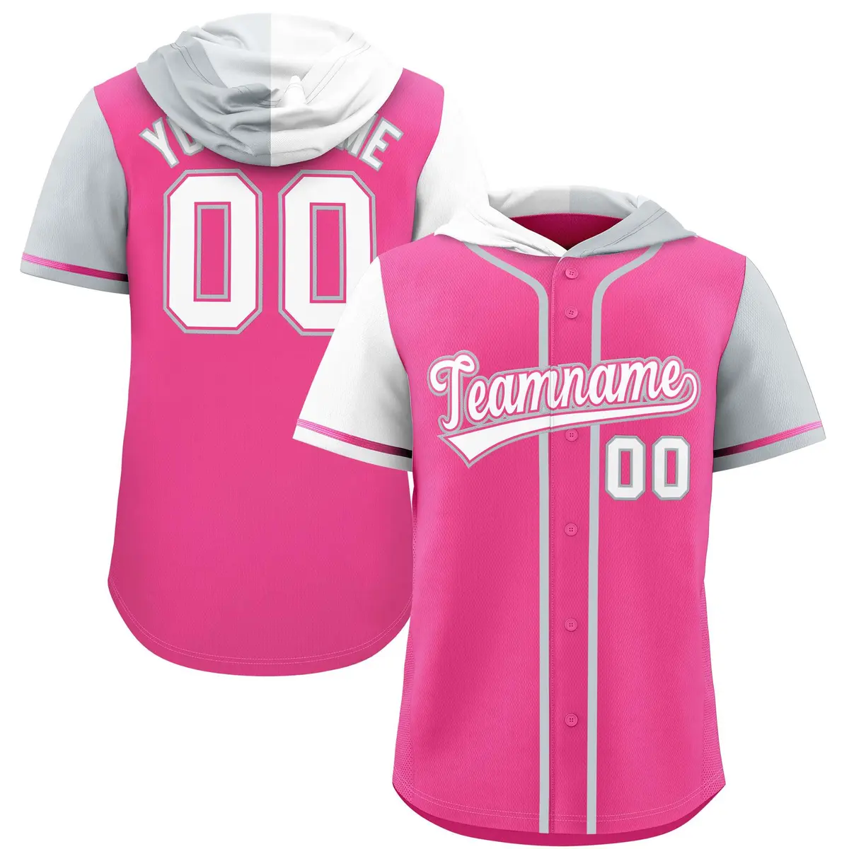 Pink White and Silver Split Raglan Baseball Hoodie Jersey