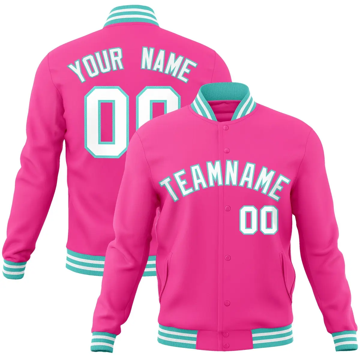 Pink White-Aqua Classic Varsity Full-Snap Letterman Jacket