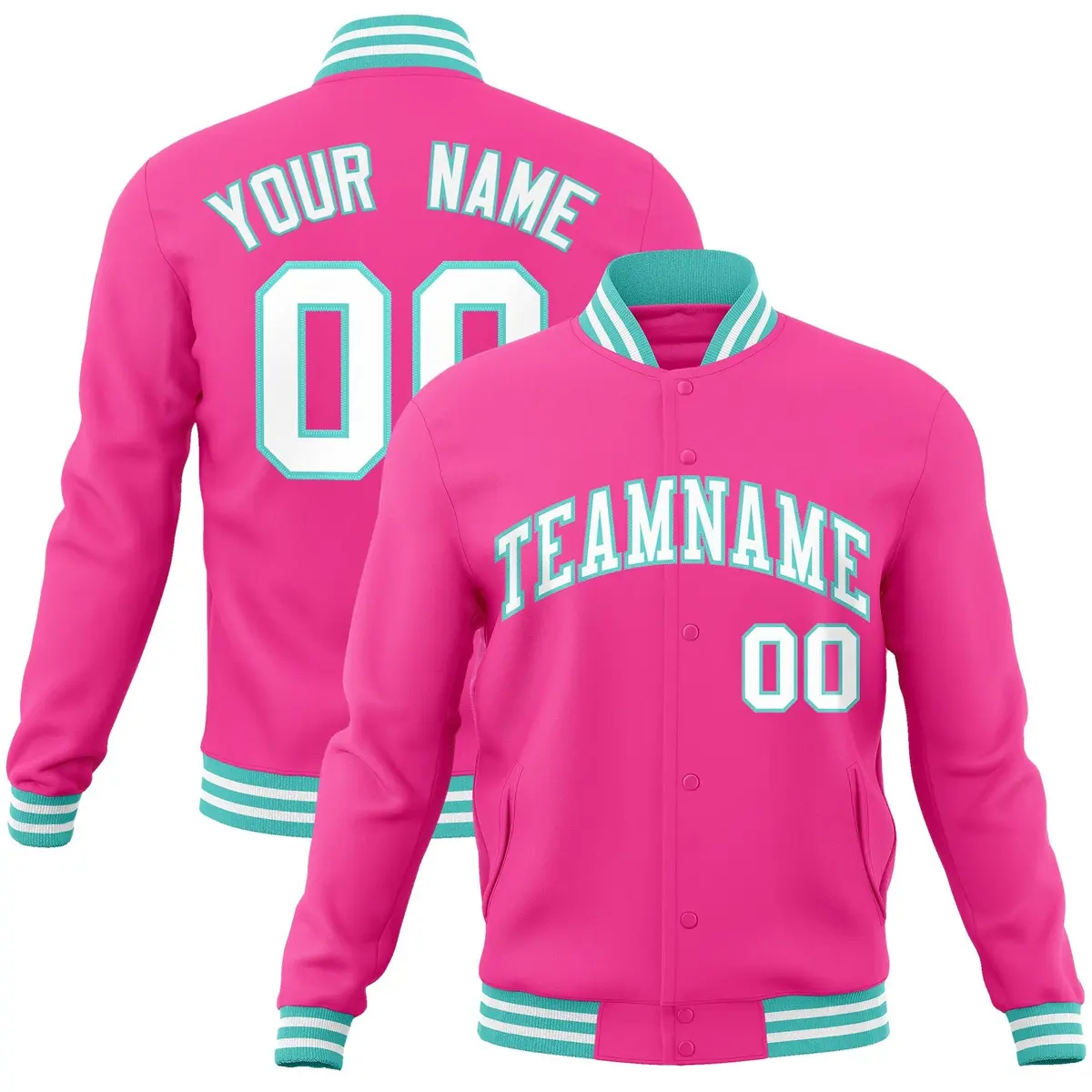 Pink White-Aqua Classic Varsity Full-Snap Letterman Jacket