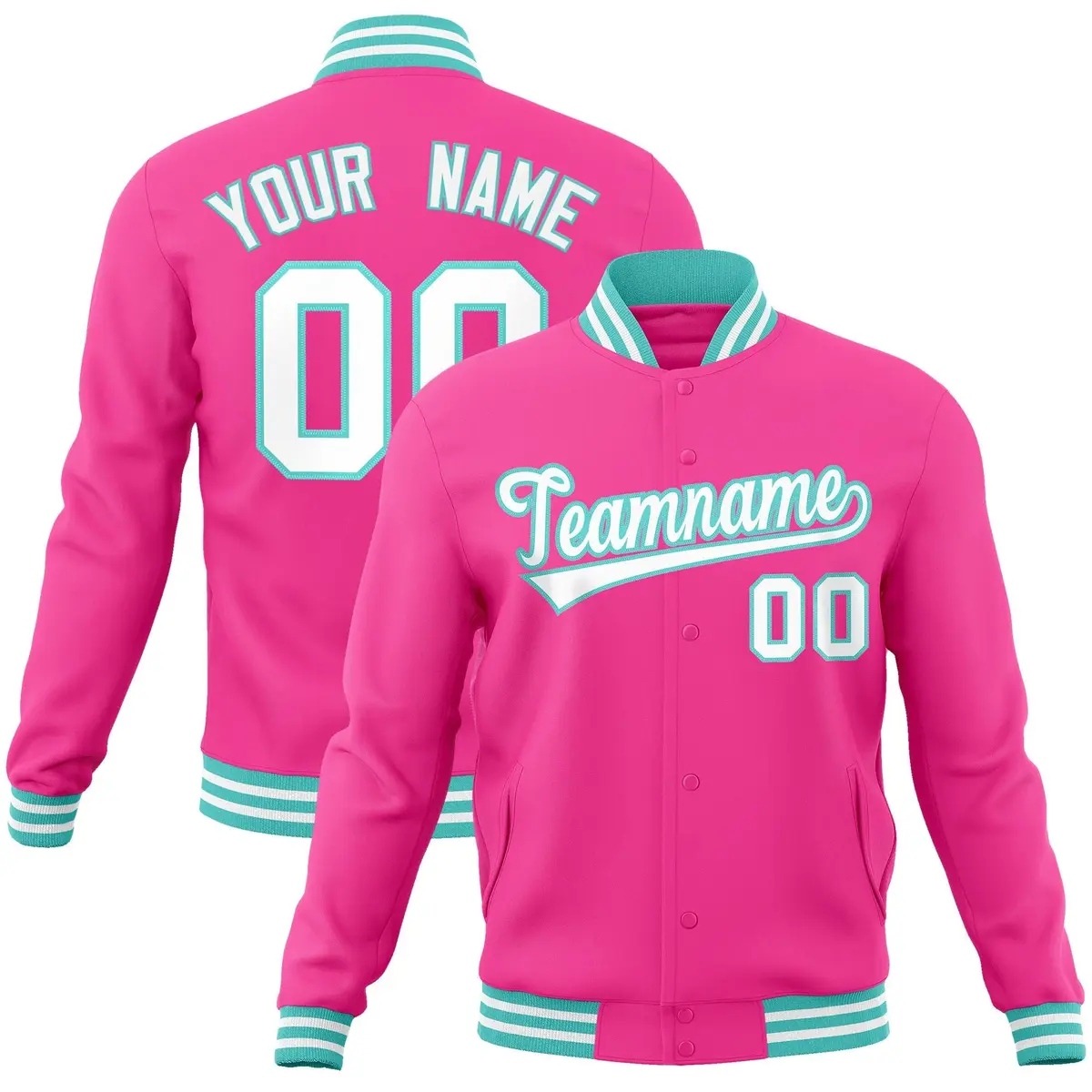 Pink White-Aqua Classic Varsity Full-Snap Letterman Jacket