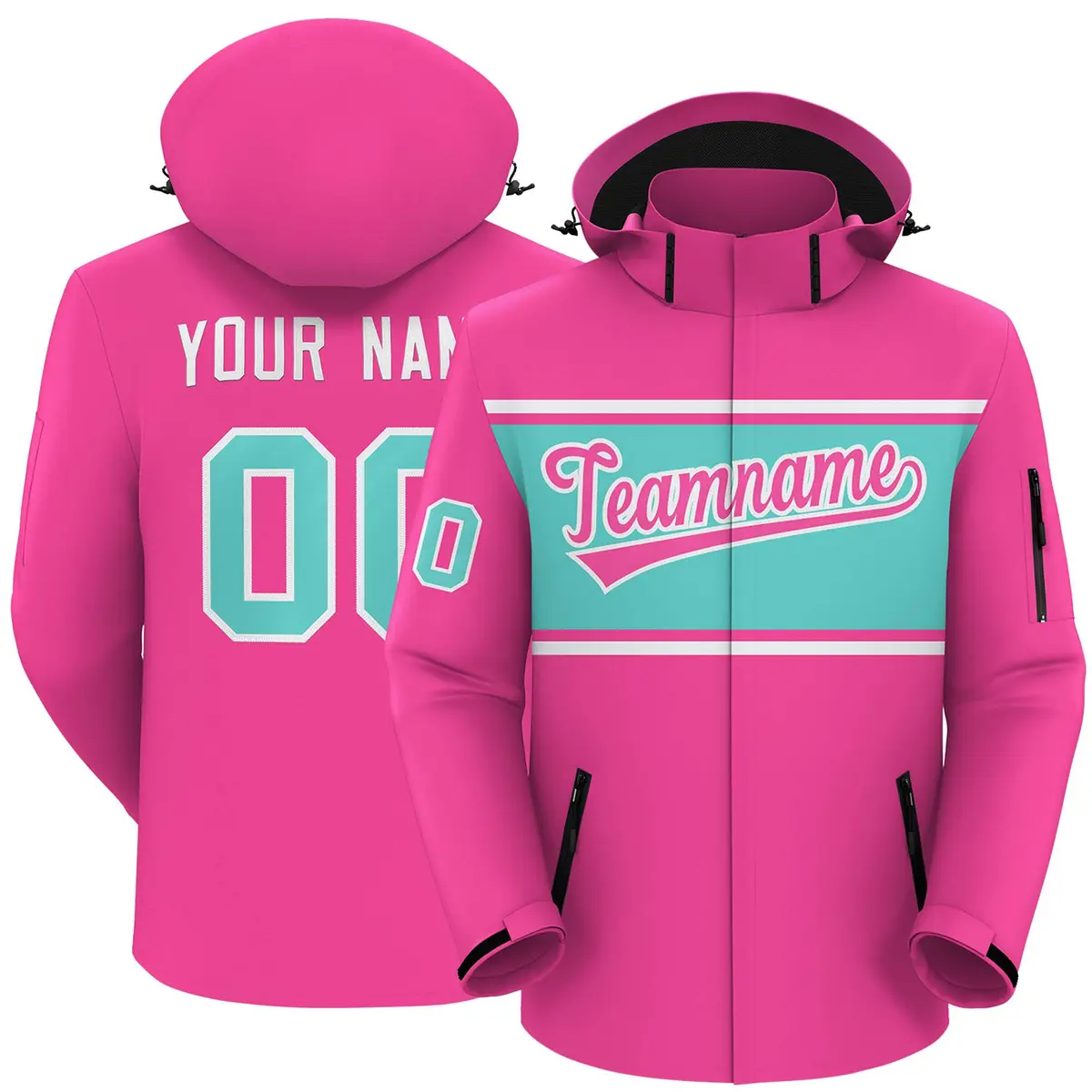 Pink White-Aqua Color Block Hooded Waterproof Outdoor Jacket