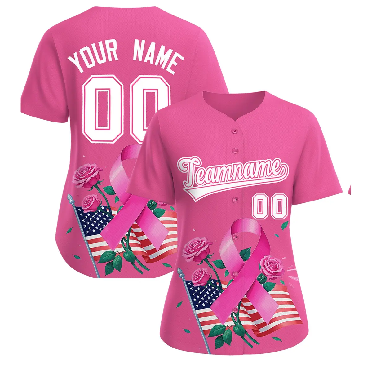 Women's Pink White Breast Cancer Awareness Pink Ribbon Baseball Jersey