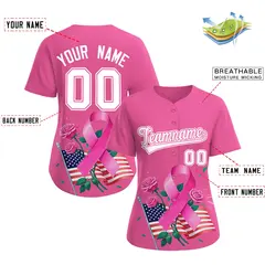Women's Pink White Breast Cancer Awareness Pink Ribbon Baseball Jersey 2