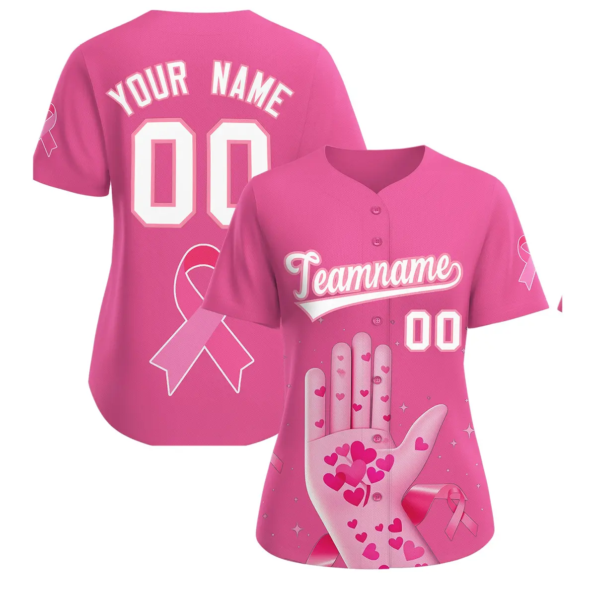 Women's Pink White Breast Cancer Awareness Pink Ribbon Baseball Jersey
