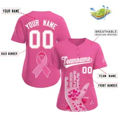 Women's Pink White Breast Cancer Awareness Pink Ribbon Baseball Jersey 2