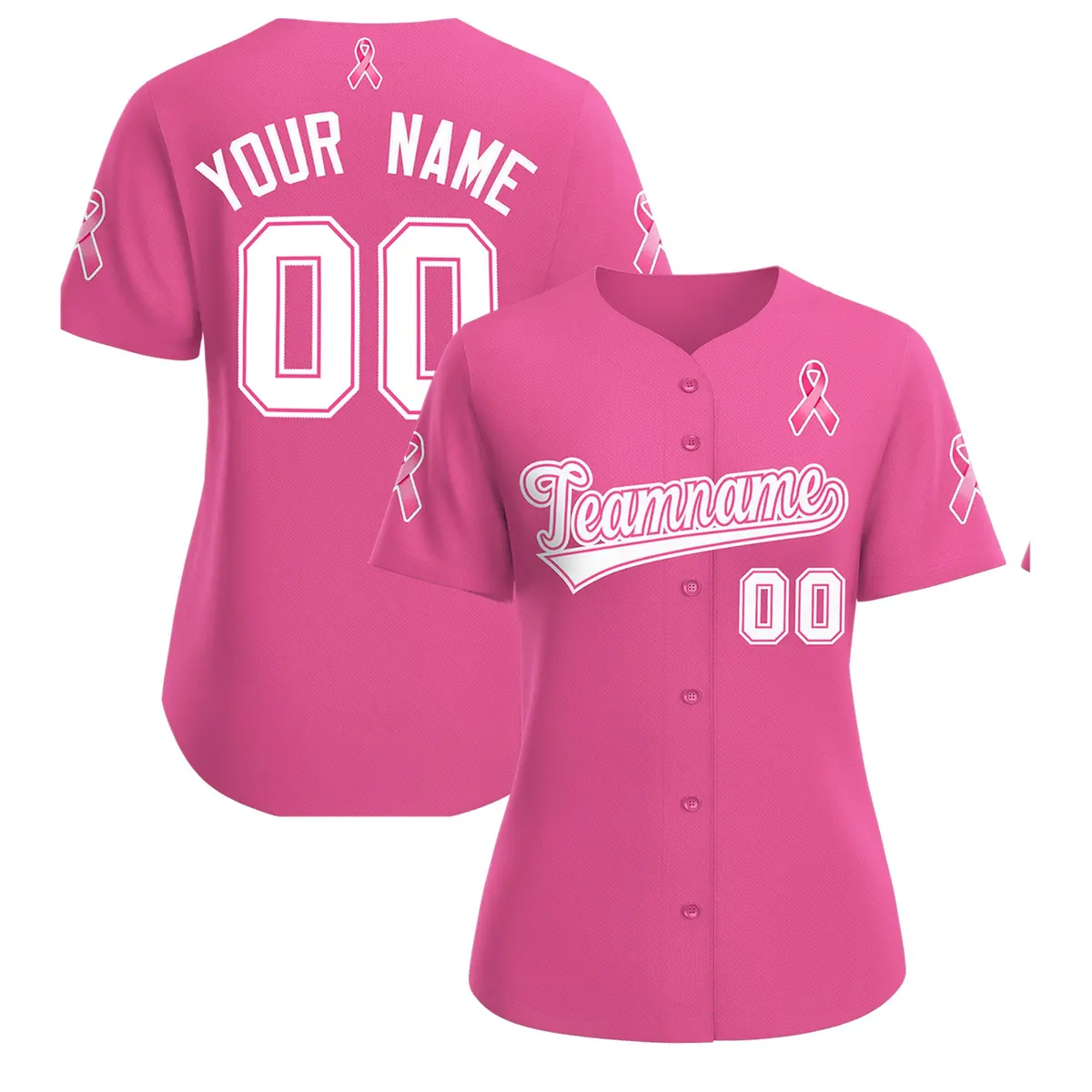 Women's Pink White Breast Cancer Awareness Pink Ribbon Baseball Jersey