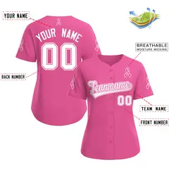 Women's Pink White Breast Cancer Awareness Pink Ribbon Baseball Jersey 2