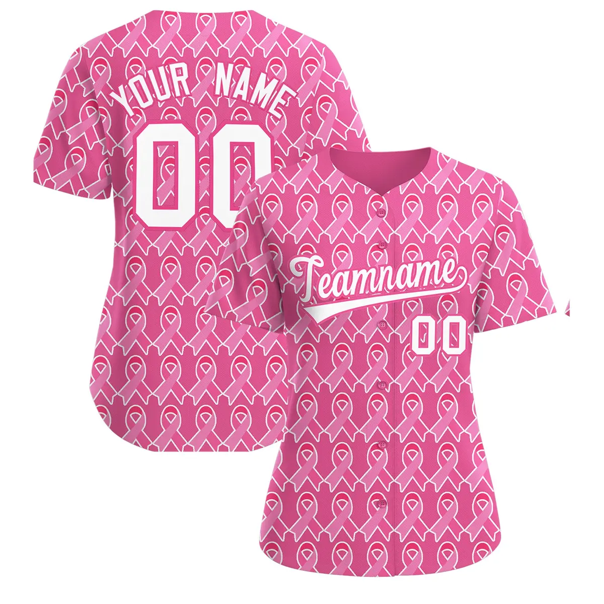 Women's Pink White Breast Cancer Awareness Pink Ribbon Baseball Jersey
